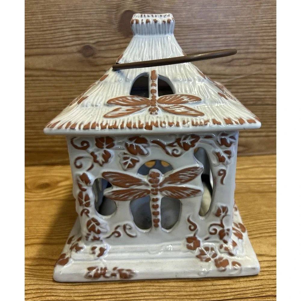 Partylite‎ Pottery Dragonfly White Terra Cotta Candle Lantern Hut Leaves - Picture 2 of 7